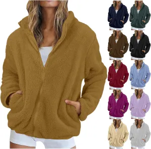 Womens Sherpa Jacket Winter Warm Fleece Zip Up Jacket Lightweight Long Sleeve Sweatshirts Casual Stand Collar Coats