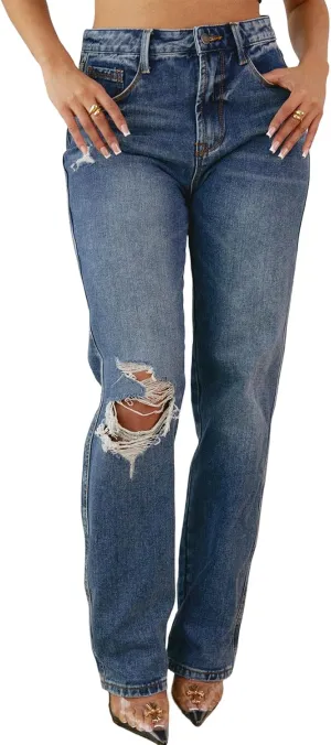 Women's Straight Leg High Waist Baggy Denim Jeans Loose Boyfriend Casual Stretchy Jeans