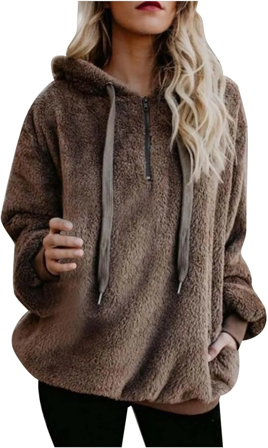 Womens Sweateshirt Oversized Pullover Hoodie Fuzzy Fleece Sweatshirt Fluffy Coat Winter Warm Coat Outwear with Pocket