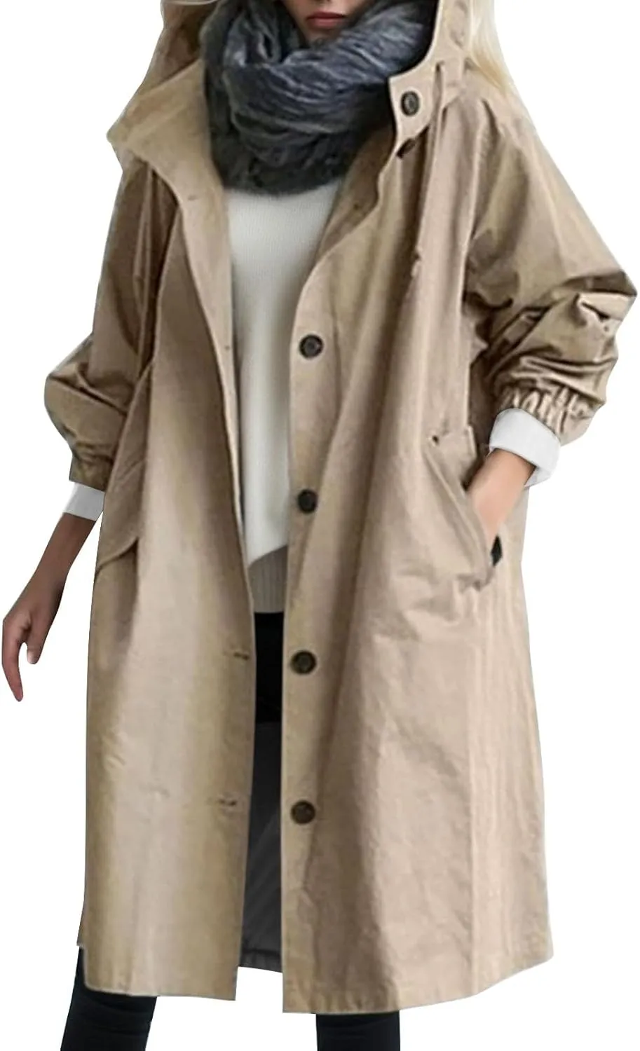 Womens Trench Coat Lightweight Raincoat Waterproof Long Hooded Trench Coat Lined Plus Size Windbreaker Elegant Jacket
