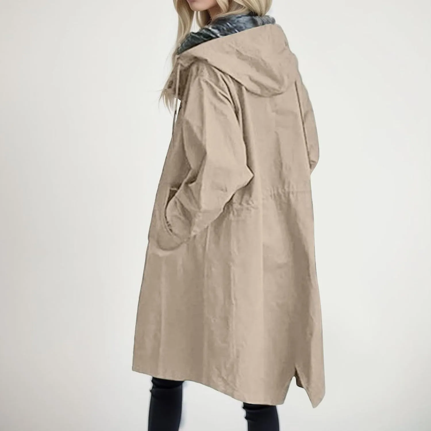 Womens Trench Coat Lightweight Raincoat Waterproof Long Hooded Trench Coat Lined Plus Size Windbreaker Elegant Jacket
