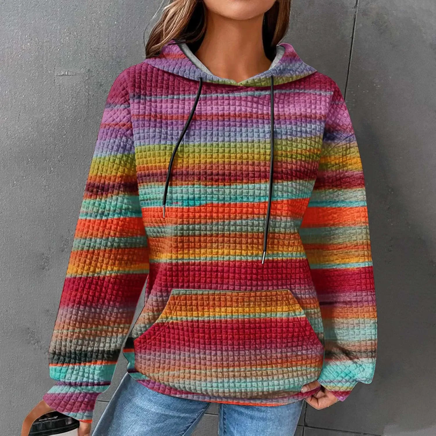 Womens Waffle Knit Hoodies Cute Hooded Sweatshirt Fall Casual Drawstring Pullover Sweater Workout Gym Hoodie Tops