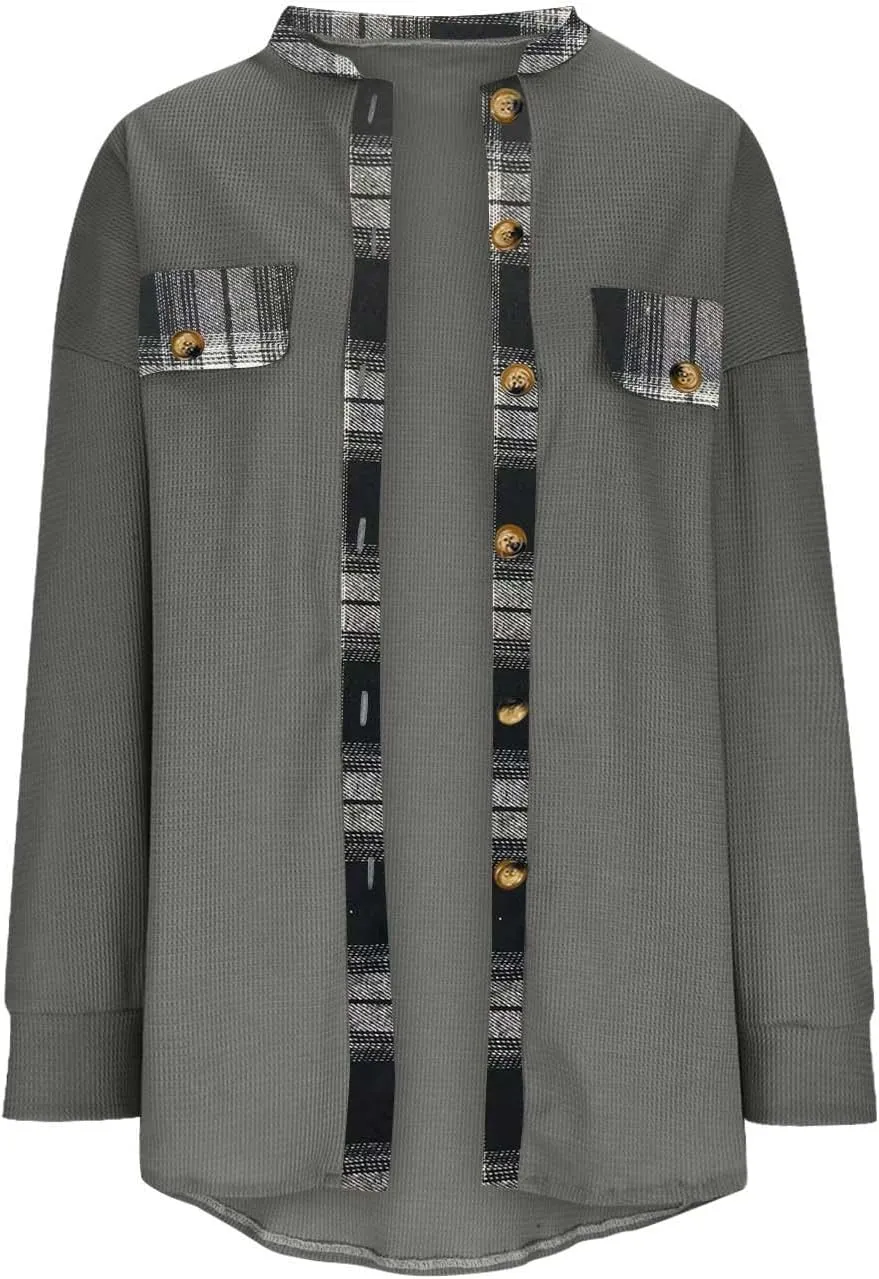 Womens Waffle Knit Shacket Boyfriend Button Down Shirt Jacket Loose Long Sleeve Tops Fall Fashion y2k Clothes