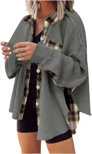 Womens Waffle Knit Shacket Boyfriend Button Down Shirt Jacket Loose Long Sleeve Tops Fall Fashion y2k Clothes