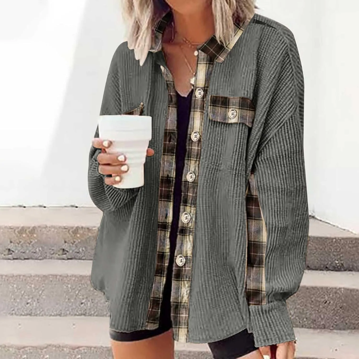 Womens Waffle Knit Shacket Boyfriend Button Down Shirt Jacket Loose Long Sleeve Tops Fall Fashion y2k Clothes