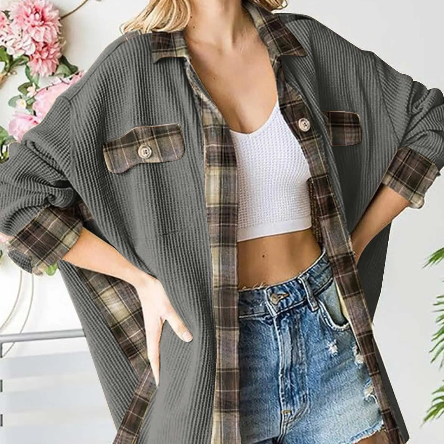 Womens Waffle Knit Shacket Boyfriend Button Down Shirt Jacket Loose Long Sleeve Tops Fall Fashion y2k Clothes