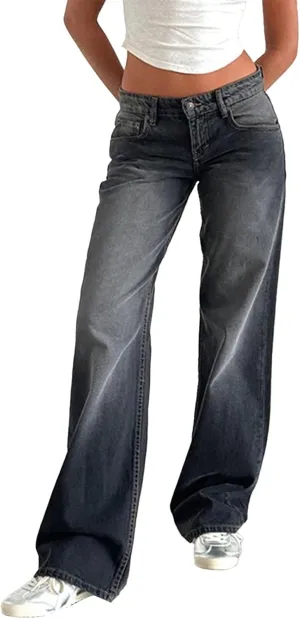 Women's Wide Leg Jeans Straight Leg Boyfriend Denim Pants Low Rise Baggy Jeans Casual Loose Jeans Y2K E-Girl Pants
