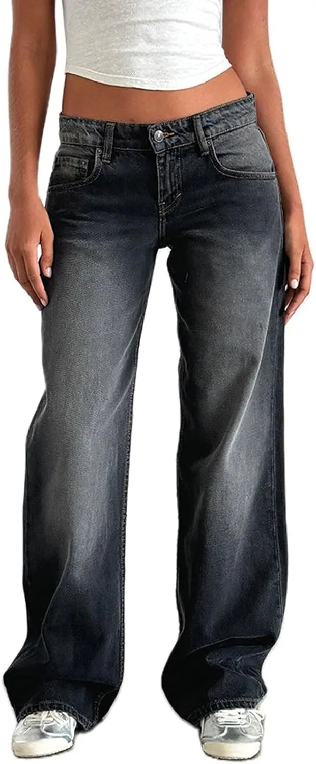 Women's Wide Leg Jeans Straight Leg Boyfriend Denim Pants Low Rise Baggy Jeans Casual Loose Jeans Y2K E-Girl Pants