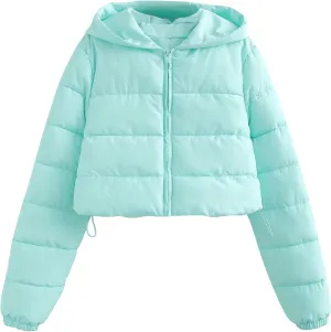 Women's Winter Casual Crop Puffer Jacket Teen Girl Hooded Cotton Padded Jacket Y2K Pockets Baggy Short Coats
