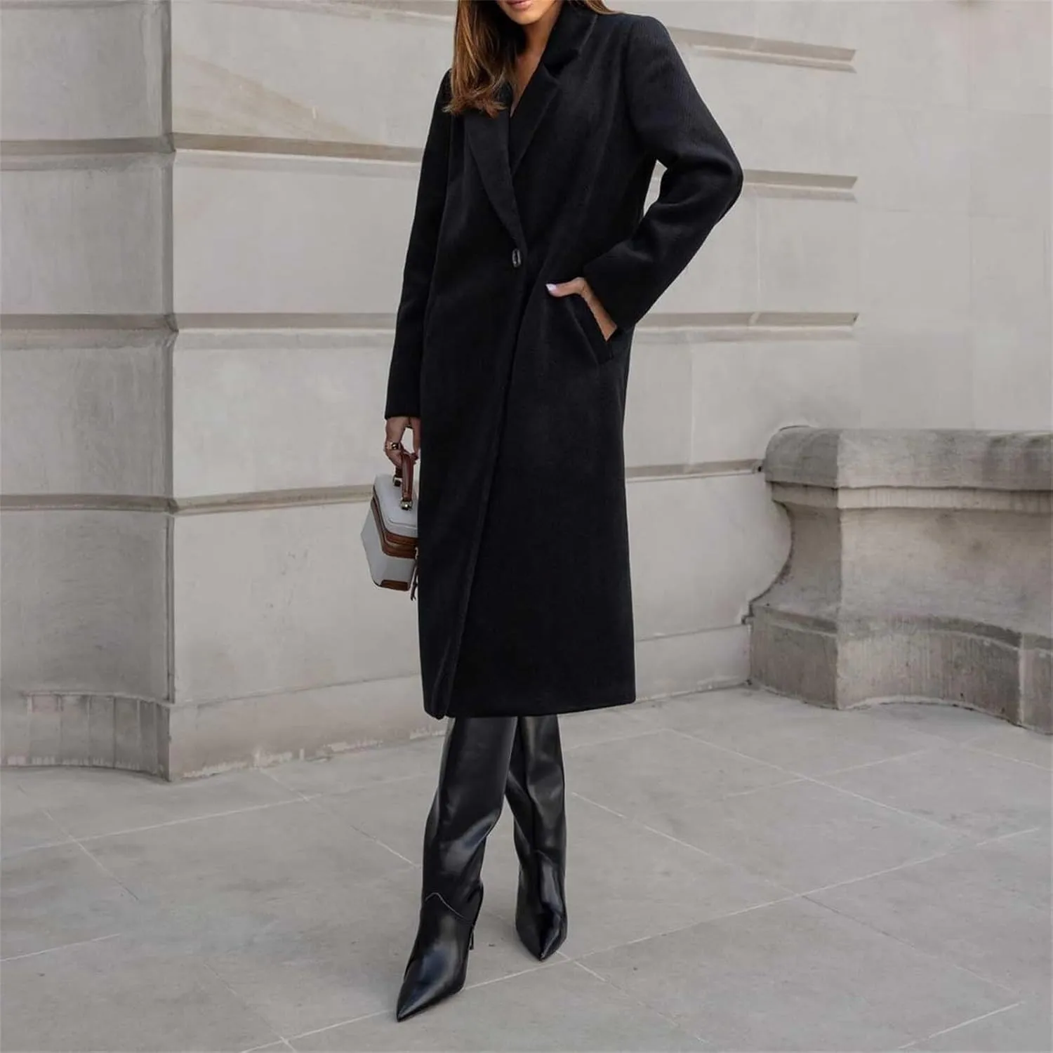 Womens Winter Long Pea Coat Retro Lapel Collar Single Breasted Maxi Long Peacoat Jacket Elegant Office Work Overcoat