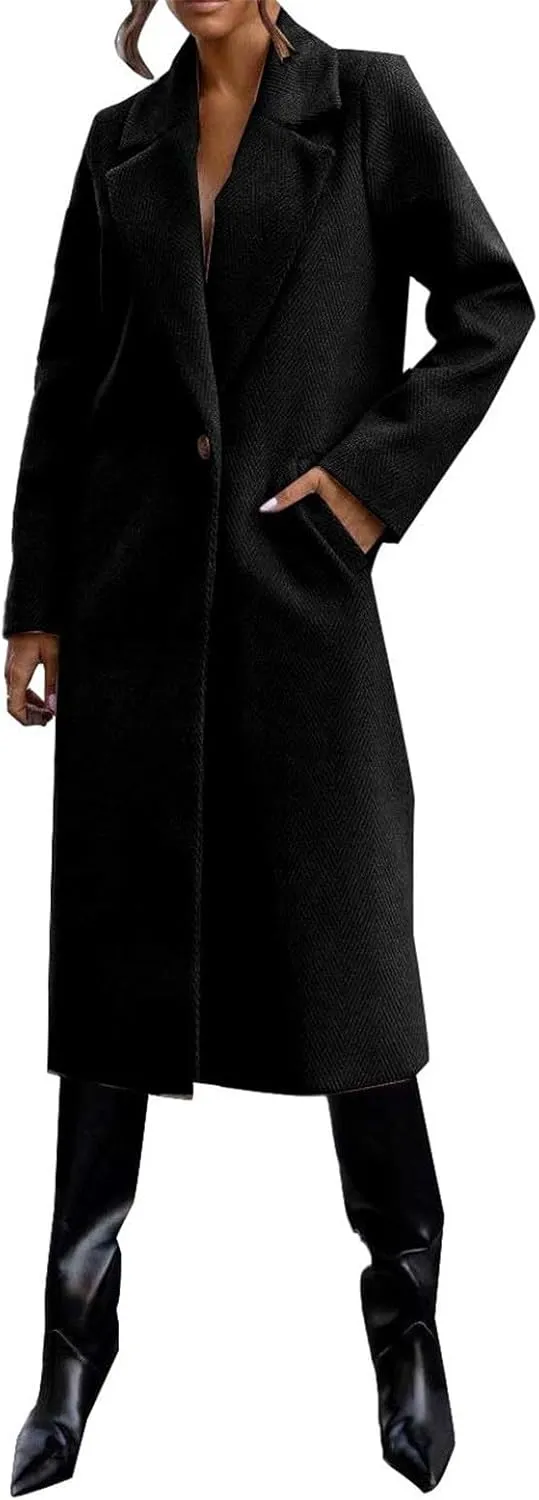 Womens Winter Long Pea Coat Retro Lapel Collar Single Breasted Maxi Long Peacoat Jacket Elegant Office Work Overcoat