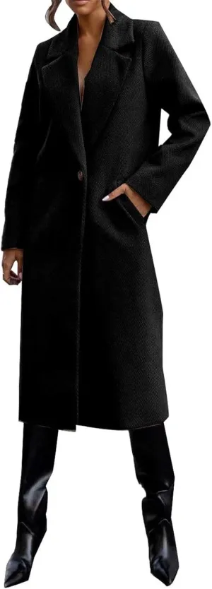 Womens Winter Long Pea Coat Retro Lapel Collar Single Breasted Maxi Long Peacoat Jacket Elegant Office Work Overcoat