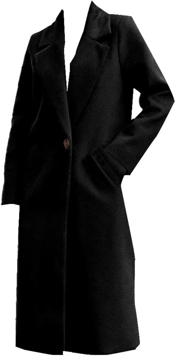 Womens Winter Long Pea Coat Retro Lapel Collar Single Breasted Maxi Long Peacoat Jacket Elegant Office Work Overcoat