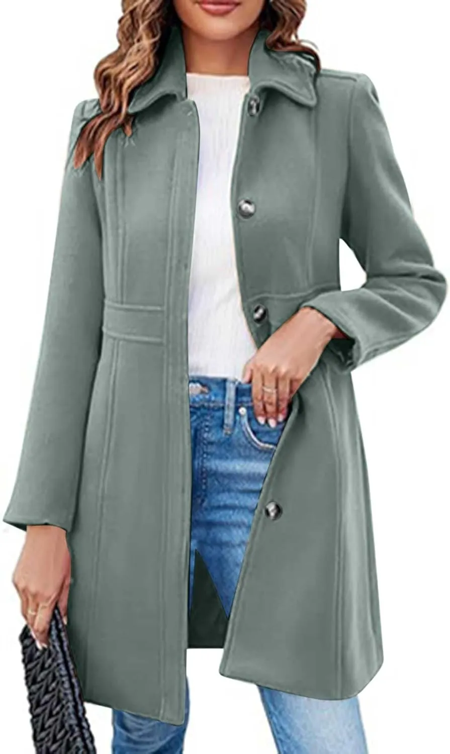 Women's Wool Blend Pea Coats Casual 2024 Lapel Collar Single Breasted Trench Coat Fall Winter Outerwear Mid Pea Coat