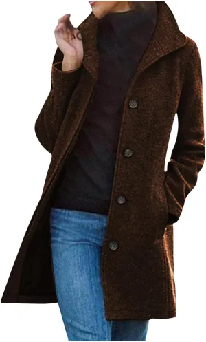 Women's Wool Blend Trench Coat Casual Single Breasted Pea Coat Thicken Stand Collar Mid Long Overcoat with Pocket