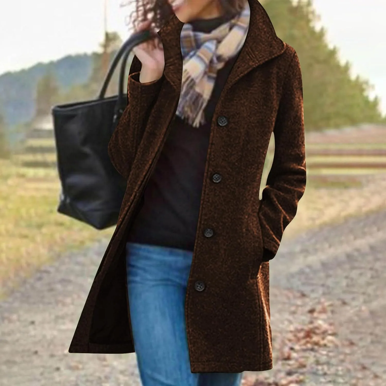 Women's Wool Blend Trench Coat Casual Single Breasted Pea Coat Thicken Stand Collar Mid Long Overcoat with Pocket