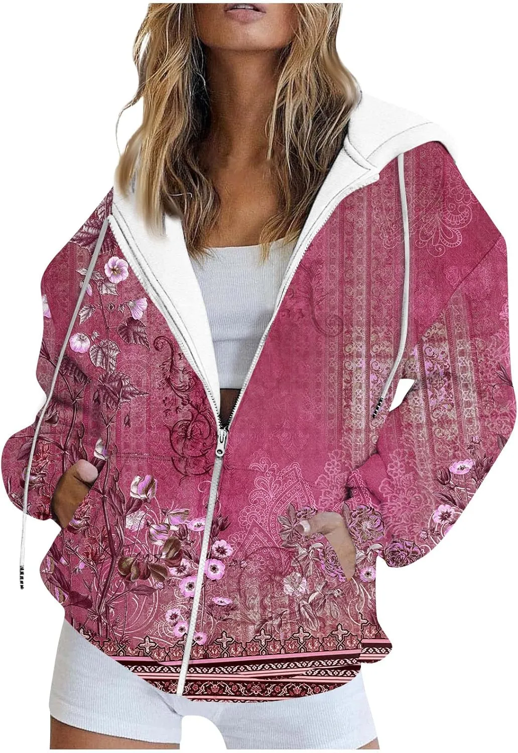 Womens Zip Up Hoodies Oversized Long Sleeve Sweatshirts Casual Y2K Hoodie 2024 Fall Jacket with Pockets