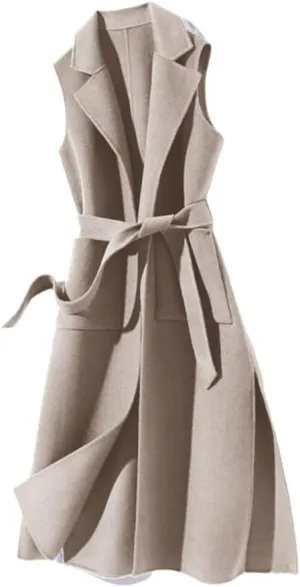 Wool Blend Long Vest With Belt Women Office Lady Notched Collar Pockets Cardigan Sleeveless Waistcoat Gilet
