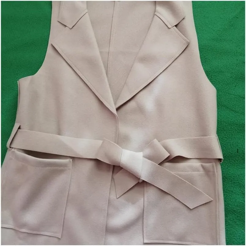 Wool Blend Long Vest With Belt Women Office Lady Notched Collar Pockets Cardigan Sleeveless Waistcoat Gilet