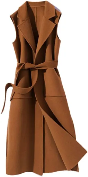 Wool Blend Long Vest With Belt Women Office Lady Notched Collar Pockets Cardigan Sleeveless Waistcoat Gilet
