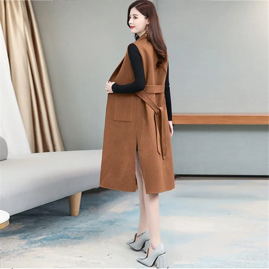 Wool Blend Long Vest With Belt Women Office Lady Notched Collar Pockets Cardigan Sleeveless Waistcoat Gilet