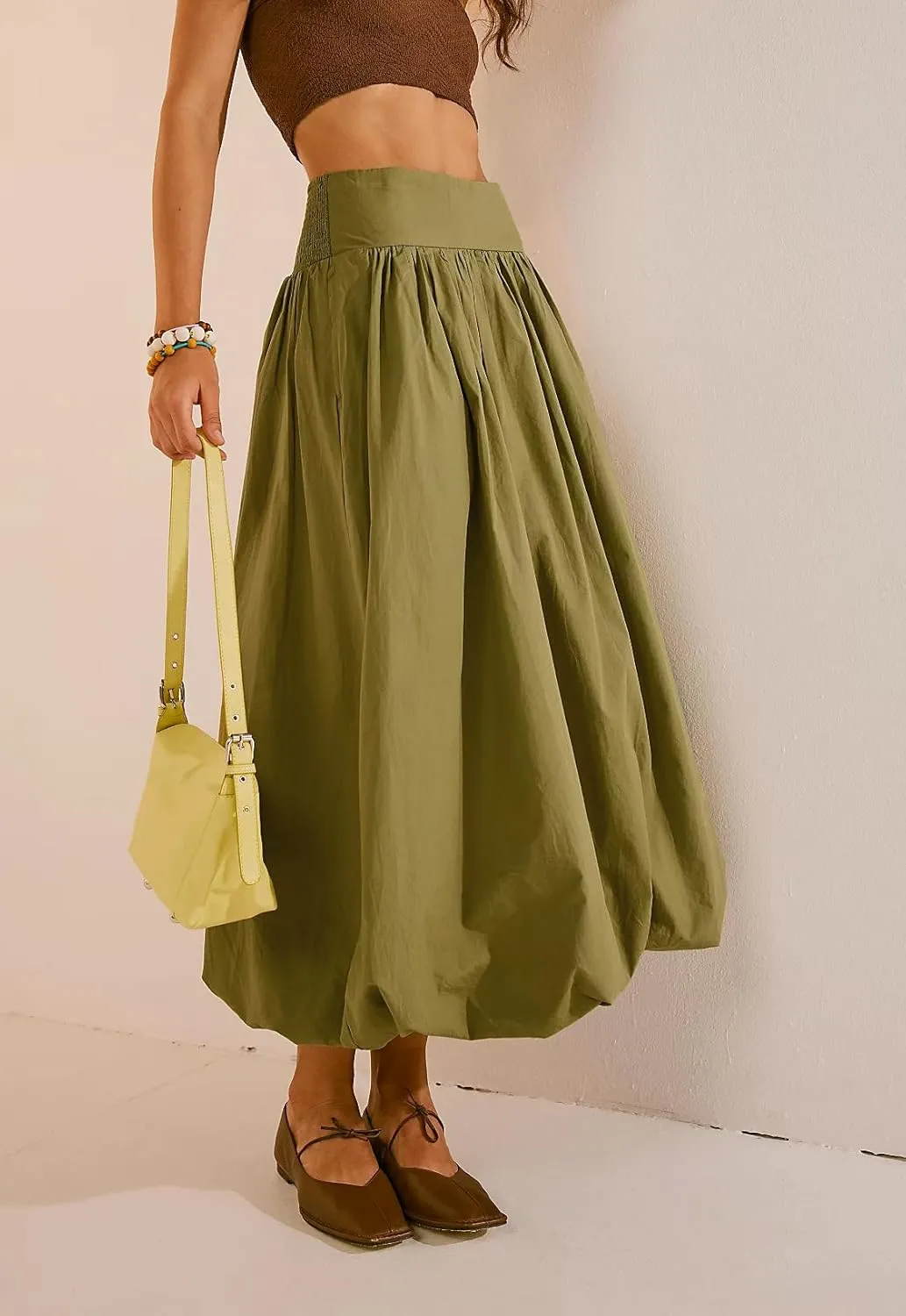Y2k Cute Bubble Maxi Skirt for Women Low Rise Aline Flowy Puffy Long Skirt Fairy Ruffle Pleated Balloon Skirt