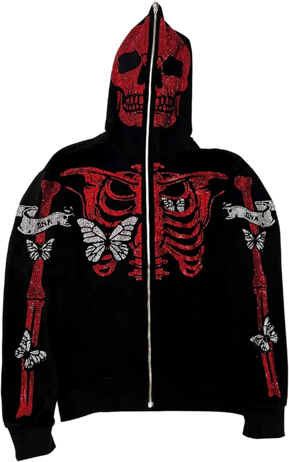 Y2K Hoodie Full Zip Up Hoodie Over Face Women Men Skeleton Skull Print Hooded Aesthetic Sweatshirts