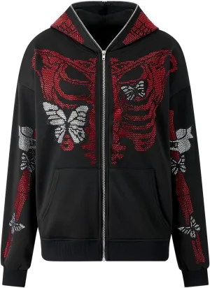 Y2K Hoodie Full Zip Up Hoodie Over Face Women Men Skeleton Skull Print Hooded Aesthetic Sweatshirts