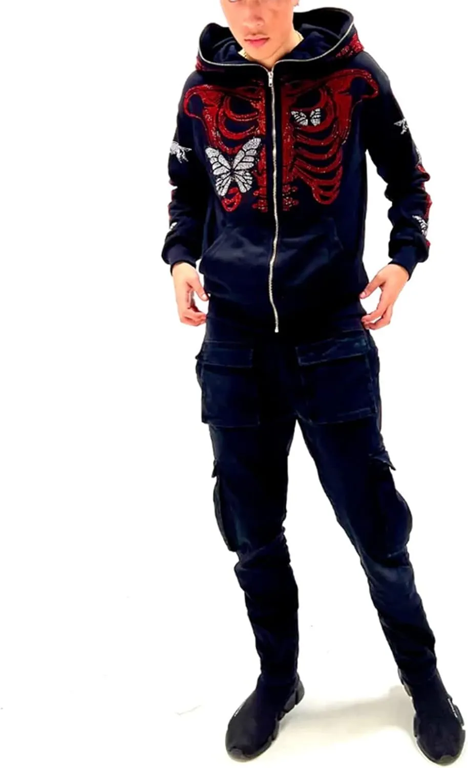 Y2K Hoodie Full Zip Up Hoodie Over Face Women Men Skeleton Skull Print Hooded Aesthetic Sweatshirts