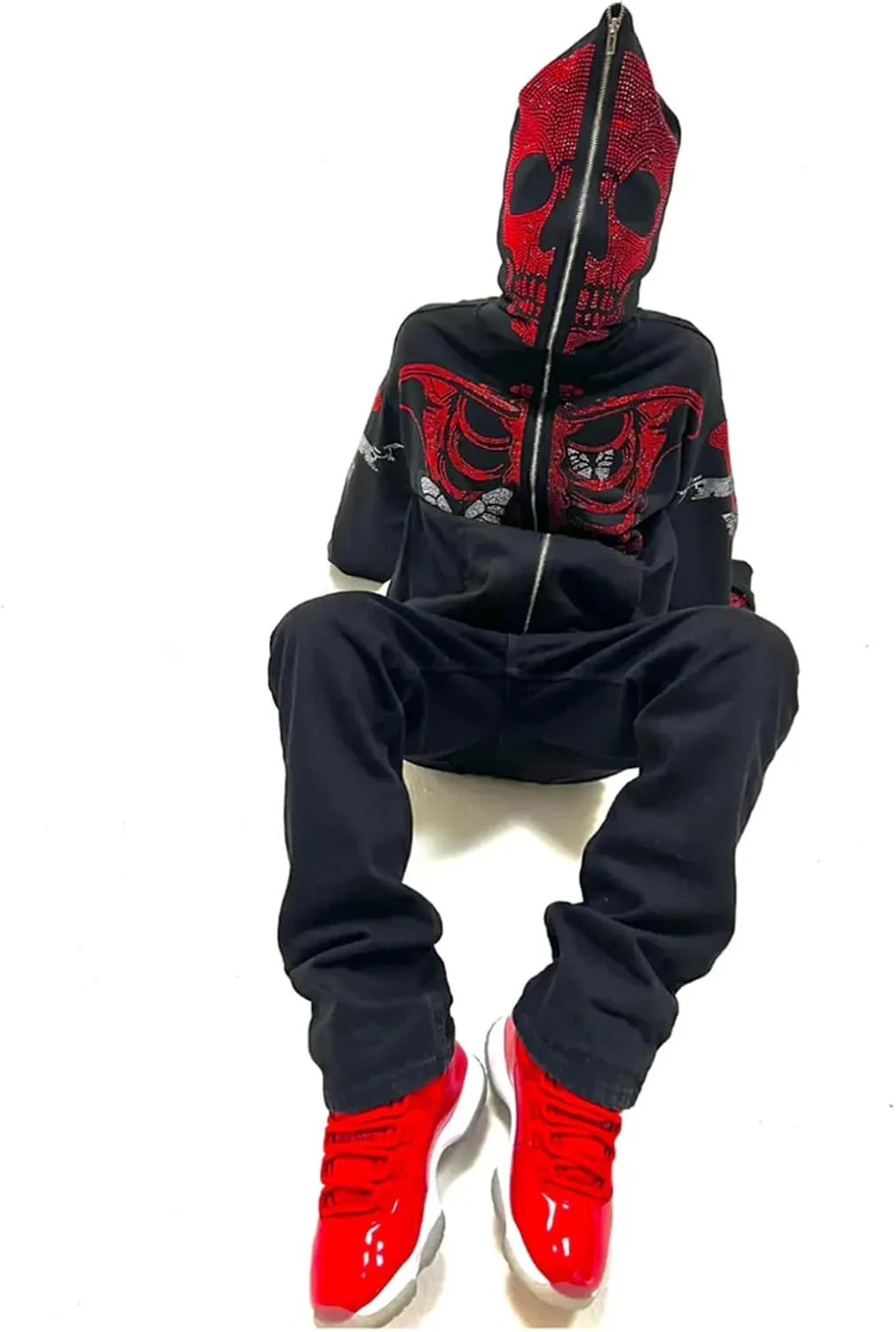 Y2K Hoodie Full Zip Up Hoodie Over Face Women Men Skeleton Skull Print Hooded Aesthetic Sweatshirts