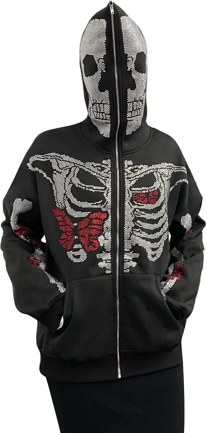 Y2k Women Men Rhinestone Skeleton Hoodies Zip Up Spider Punk Jacket Oversized Sweatshirt Gothic Streetwear
