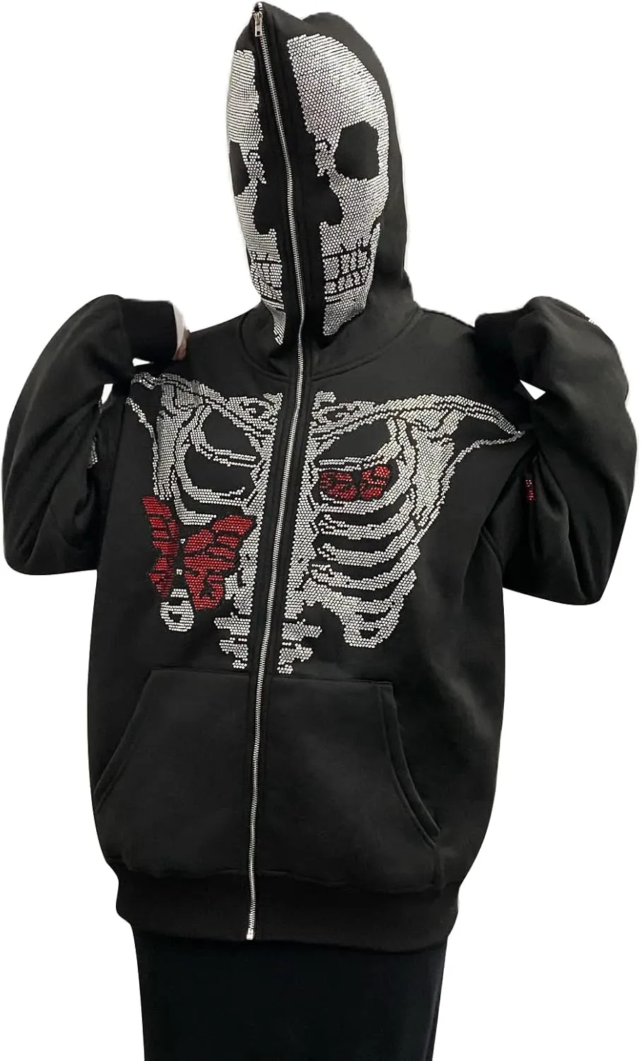Y2k Women Men Rhinestone Skeleton Hoodies Zip Up Spider Punk Jacket Oversized Sweatshirt Gothic Streetwear