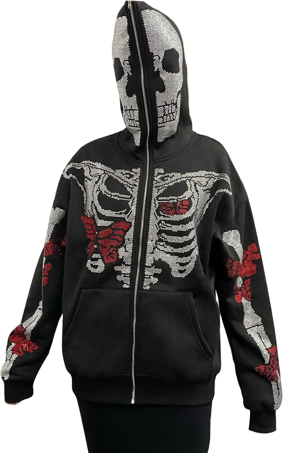 Y2k Women Men Rhinestone Skeleton Hoodies Zip Up Spider Punk Jacket Oversized Sweatshirt Gothic Streetwear