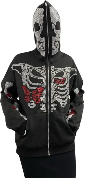 Y2k Women Men Rhinestone Skeleton Hoodies Zip Up Spider Punk Jacket Oversized Sweatshirt Gothic Streetwear
