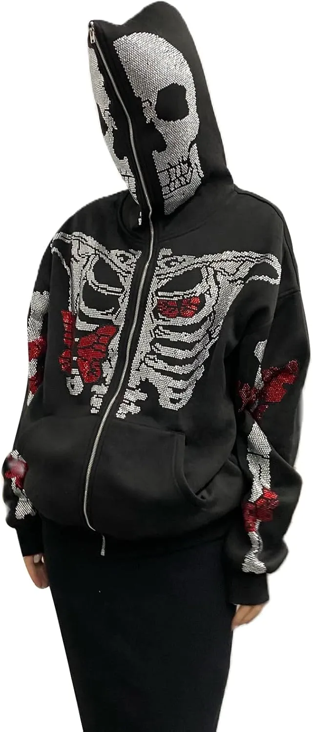 Y2k Women Men Rhinestone Skeleton Hoodies Zip Up Spider Punk Jacket Oversized Sweatshirt Gothic Streetwear