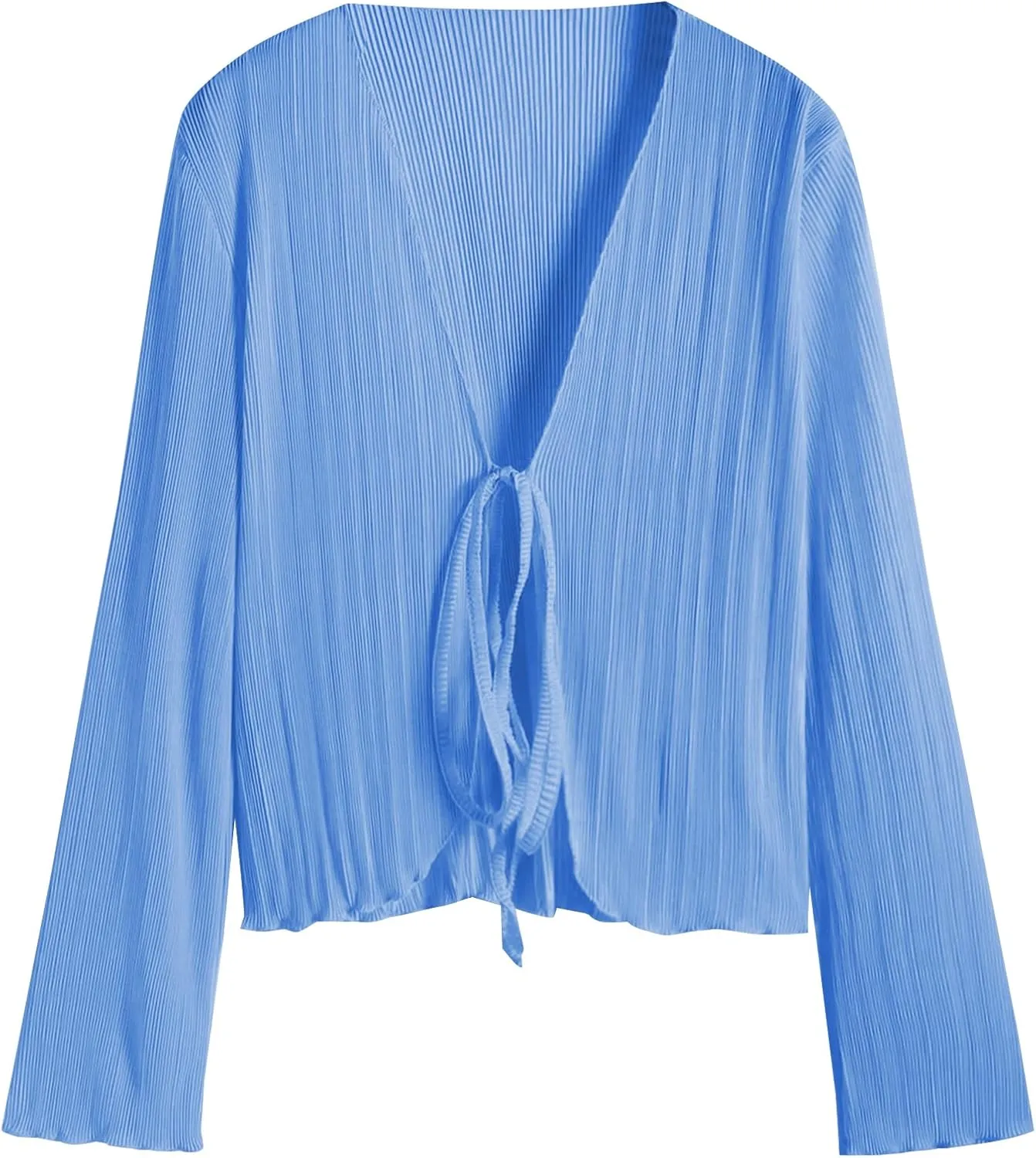 ZAFUL Women's Deep V Neck Tie Front Top Flare Sleeve Plisse Pleated Blouse Shirt Top Y2k Vintage Streetwear
