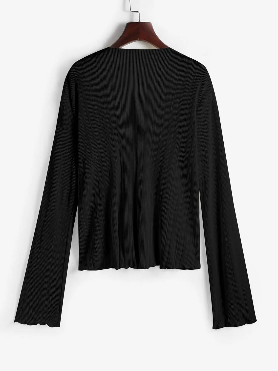 ZAFUL Women's Deep V Neck Tie Front Top Flare Sleeve Plisse Pleated Blouse Shirt Top Y2k Vintage Streetwear