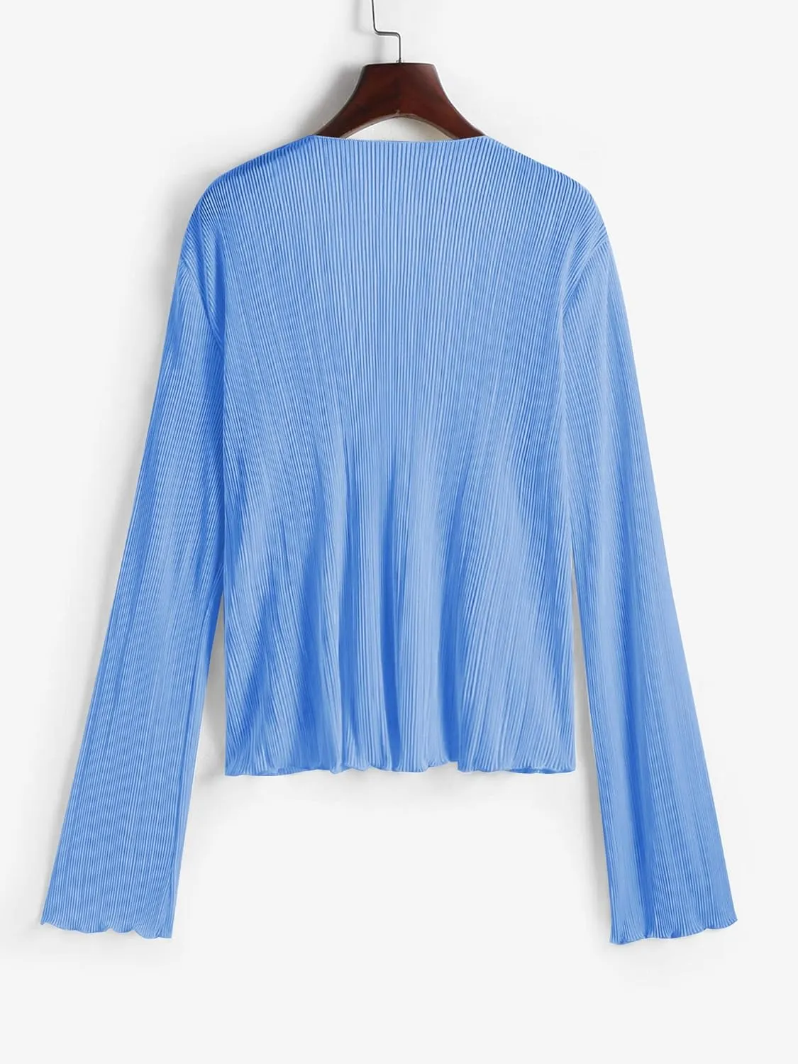 ZAFUL Women's Deep V Neck Tie Front Top Flare Sleeve Plisse Pleated Blouse Shirt Top Y2k Vintage Streetwear