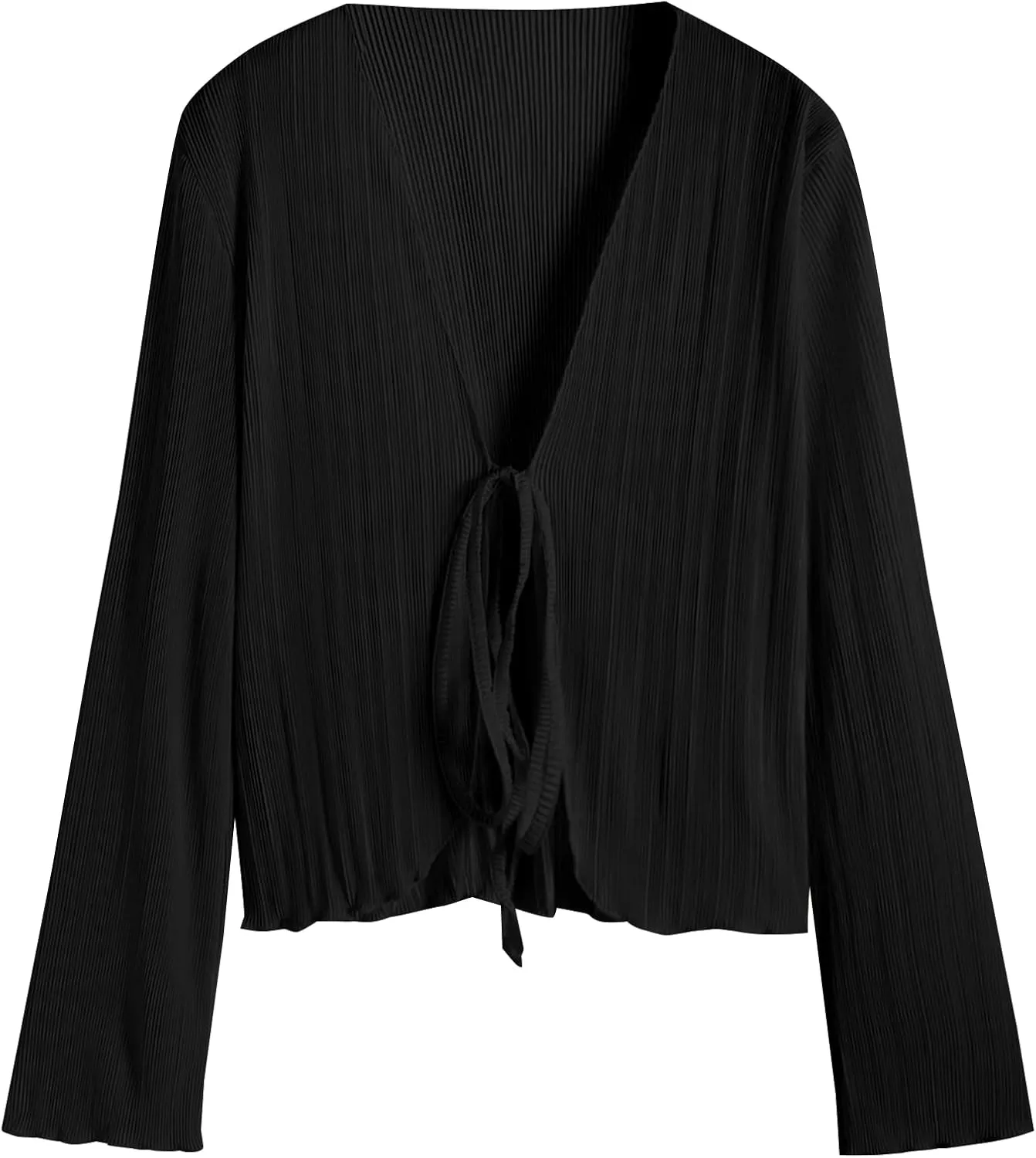 ZAFUL Women's Deep V Neck Tie Front Top Flare Sleeve Plisse Pleated Blouse Shirt Top Y2k Vintage Streetwear