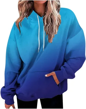 ZDRZK Hoodies For Women Gradient Print Casual Crewneck Long Sleeve Sweatshirts Hooded Loose Fit Oversized Pullover