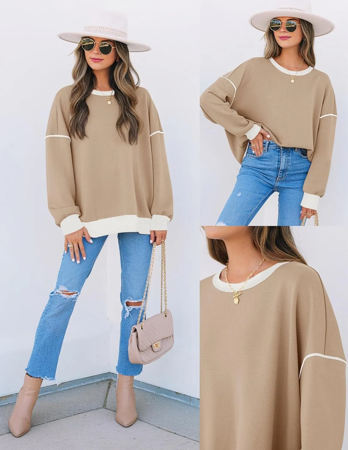 ZESICA Sweatshirts for Women Casual Long Sleeve Crewneck Contrast Color Oversized Pullover Tops Trendy Clothes