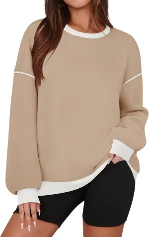ZESICA Sweatshirts for Women Casual Long Sleeve Crewneck Contrast Color Oversized Pullover Tops Trendy Clothes