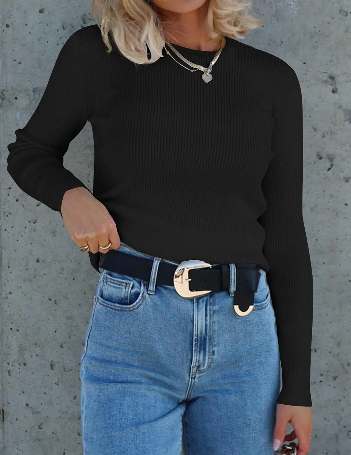 ZESICA Women's Long Sleeve Crewneck Shirts Spring Knit Sweater Slim Fitted Casual Basic Tee Tops