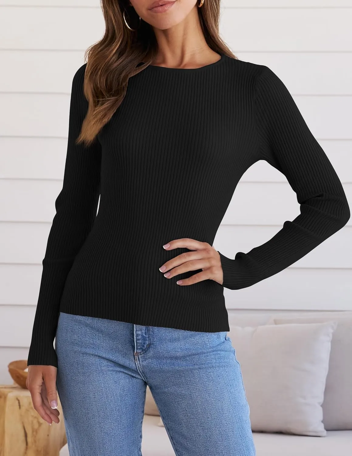 ZESICA Women's Long Sleeve Crewneck Shirts Spring Knit Sweater Slim Fitted Casual Basic Tee Tops