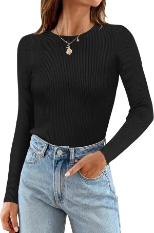 ZESICA Women's Long Sleeve Crewneck Shirts Spring Knit Sweater Slim Fitted Casual Basic Tee Tops