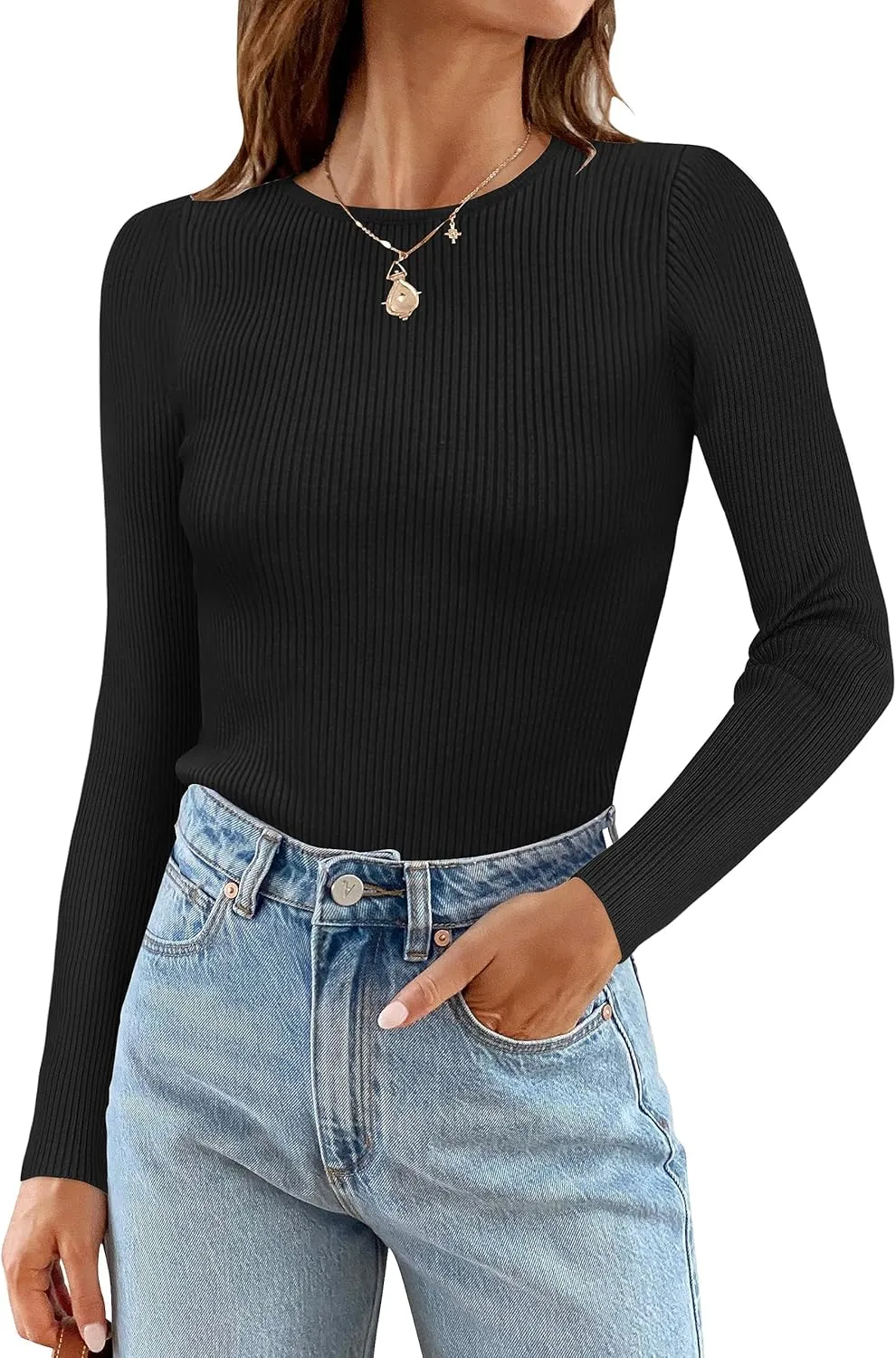 ZESICA Women's Long Sleeve Crewneck Shirts Spring Knit Sweater Slim Fitted Casual Basic Tee Tops