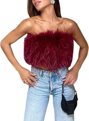 ZGMYC Women's Sexy Feather Crop Top Furry Faux Fur Strapless Tube Top Bandeau Sleeveless Camisole for Party Clubwear