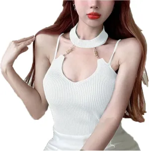 Zip up Jackets for Women Ladies Chain Knit Tank Top Backless Top Cropped Camisole Black White Ladies Summer