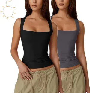 Zovara Tank Top, Zovara - Snatched Square Neck Double Layered Tank Top, Women's Sleeveless Double-Layer T Shirts