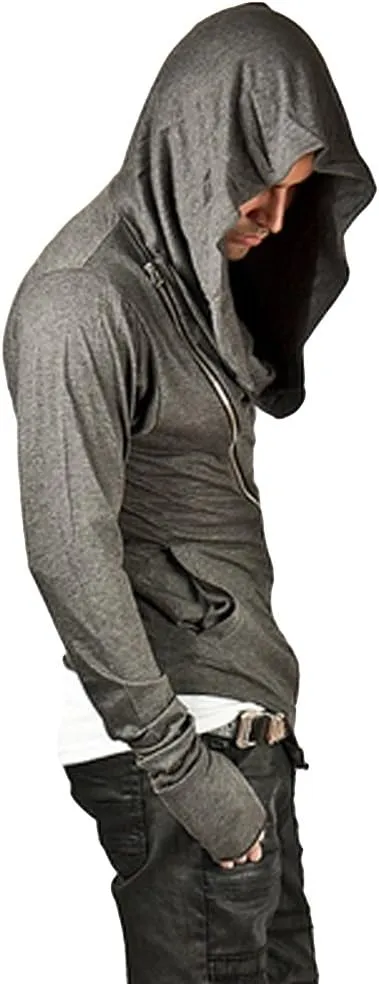 ZUEVI Men's Hoodies Cool Side Zipper Assassin Robe Jacket Cosplay Hooded Sweatshirts